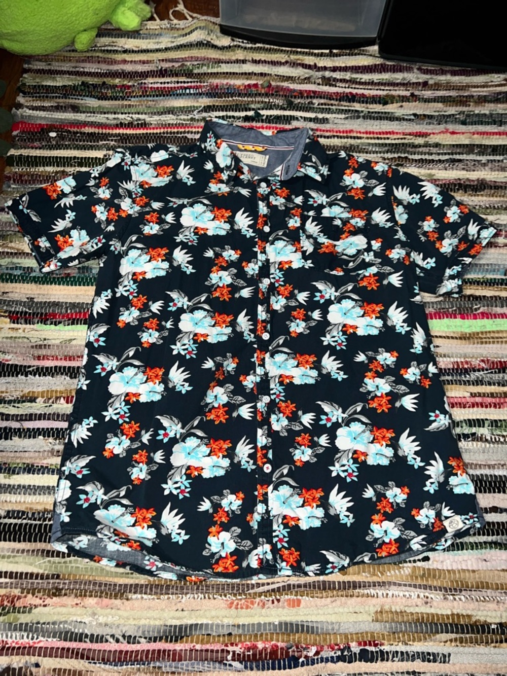 Free Planet Navy Short Sleeve Button-Up with Floral Accent